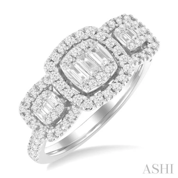 Wedding Ring with Customizable Stones-3/4 ctw Cushion Shape Past, Present & Future Fusion Baguette and Round Cut Diamond Engagement Ring in 14K White Gold