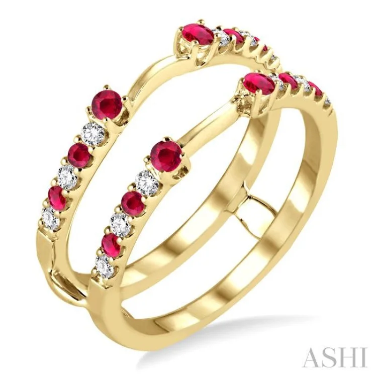 Modern Diamond Rings-2 MM & 1.5 MM Ruby and 1/5 ctw Round Cut Diamond Precious Insert Ring in 14K Yellow Gold