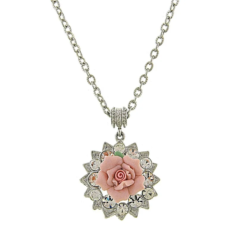 Unique Necklaces-1928 Jewelry Pink Porcelain Rose Crystal Accent Pendant Necklace 16" + 3" Extender