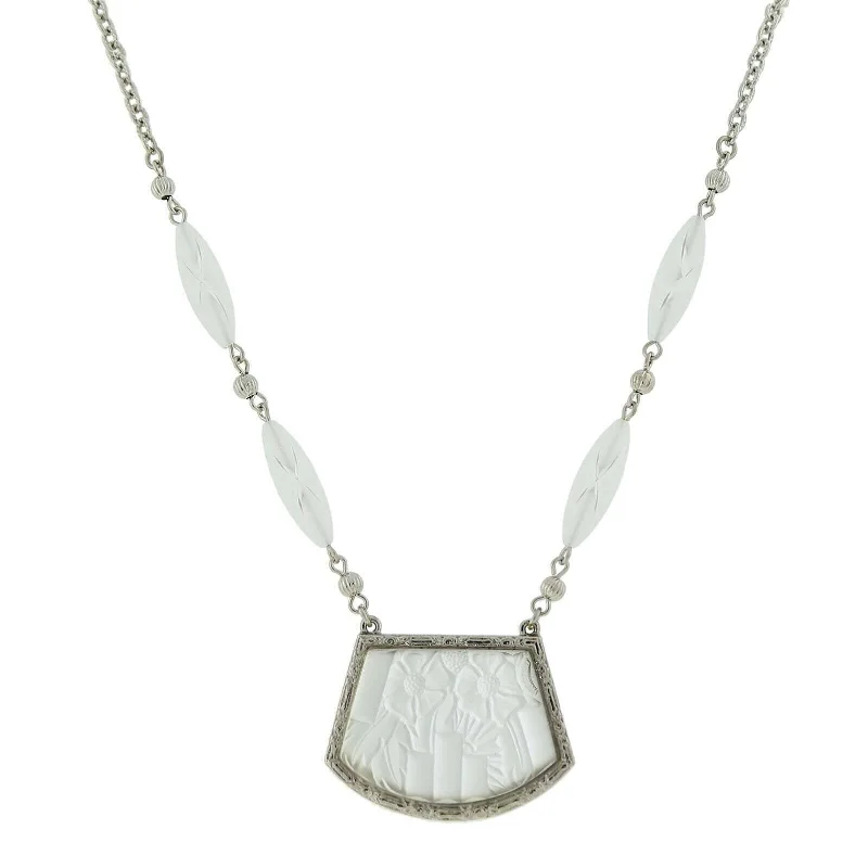 Bar Necklaces-1928 Jewelry White Lalique Frosted Glass Flower Stone Pendant Necklace 16" + 3" Extender