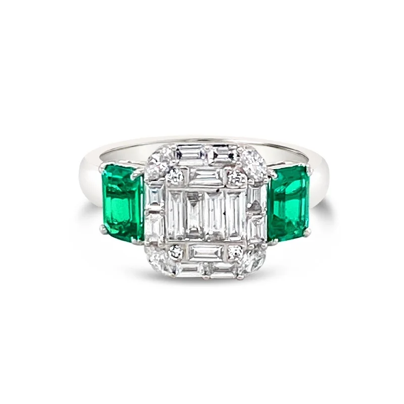 Gold Wedding Ring Sets-Central Diamonds & side Emerald cut Emeralds "Ashley" RIng