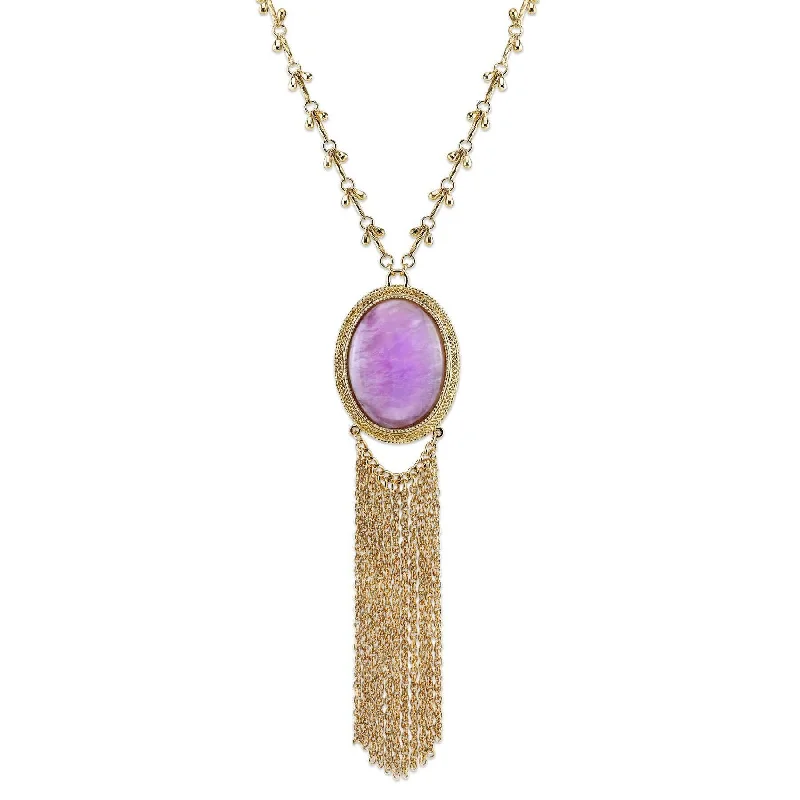 Silver Necklaces-2028 Jewelry Purple Amethyst Gemstone Pendant Gold Tassel Necklace 26" + 3: Extender