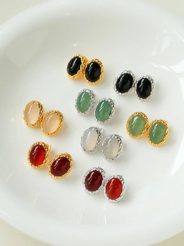 Vintage Crystal Earrings-Vintage Oval Multicolor Gemstone Stud Earrings