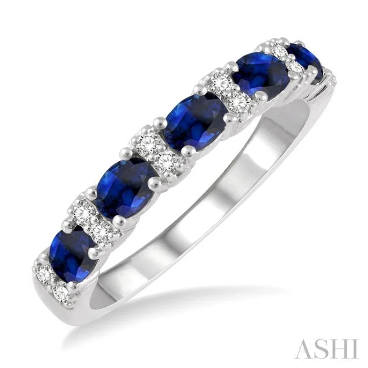 Eternity Diamond Wedding Bands-4x3 MM Oval Shape Sapphire and 1/6 ctw Round Cut Diamond Precious Band in 14K White Gold