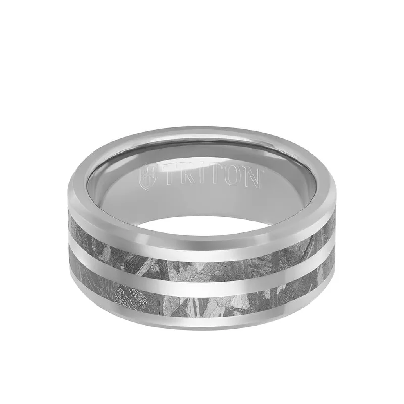 Wedding Ring Sets-9MM Tungsten Carbide Ring - Double Row Meteorite Inlay Edge To Edge