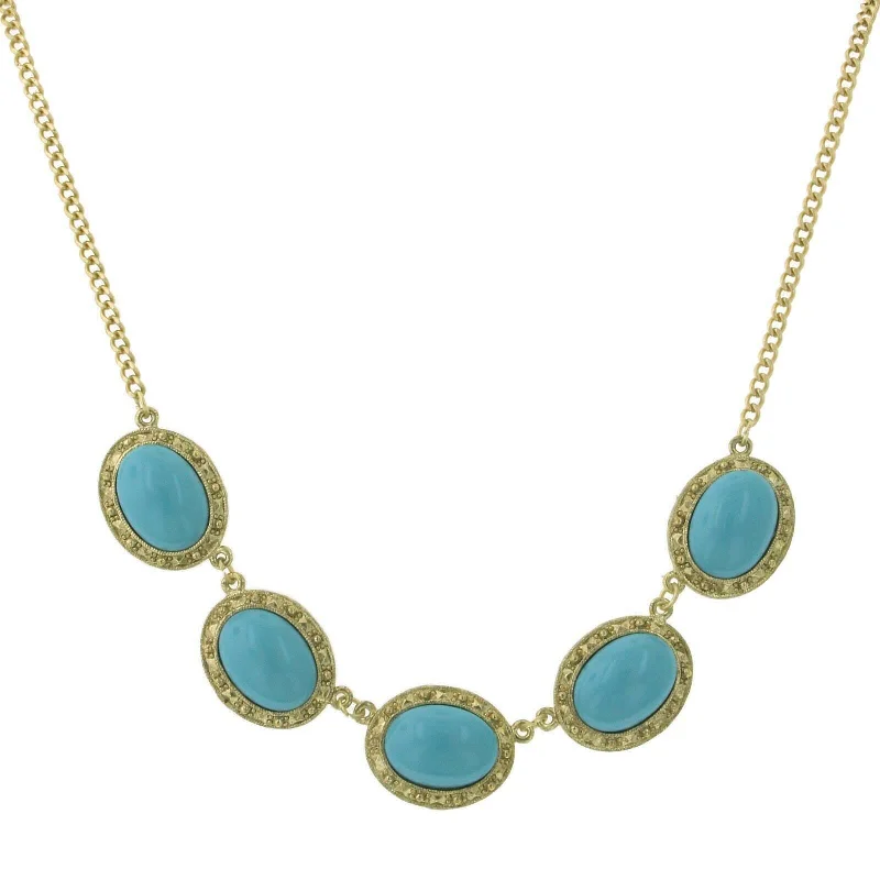 Cross Necklaces-2028 Jewelry Turquoise Color Five Oval Stone Necklace 16" + 3" Extender