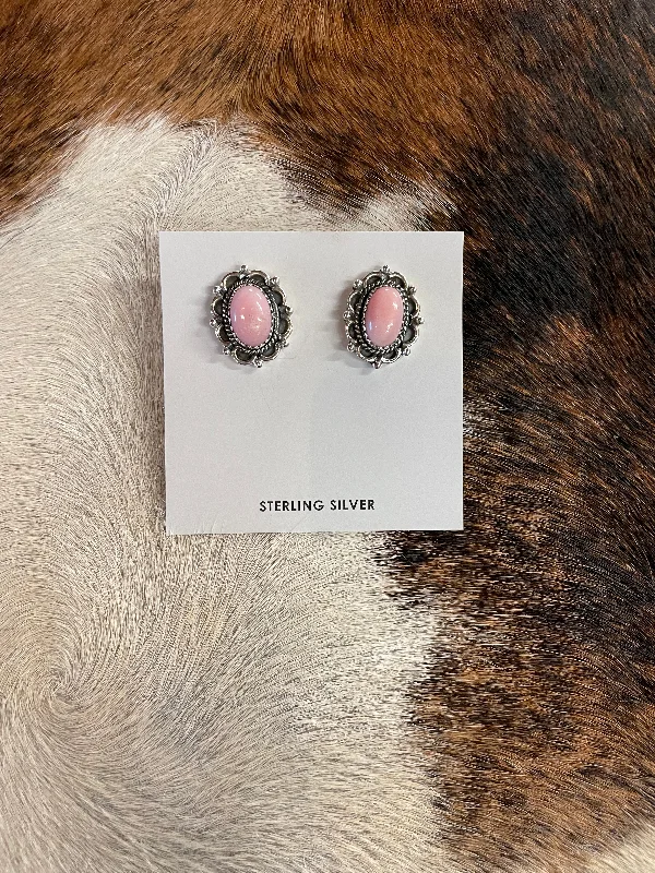 Personalized Drop Stud Earrings-Pink Opal Oval Stud Earrings