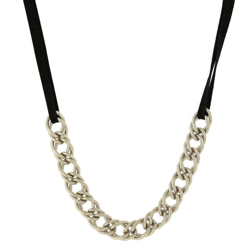 Gold Choker Necklaces-1928 Jewelry Silver Double Curb Chain Black Suede Necklace 16" + 3" Extender