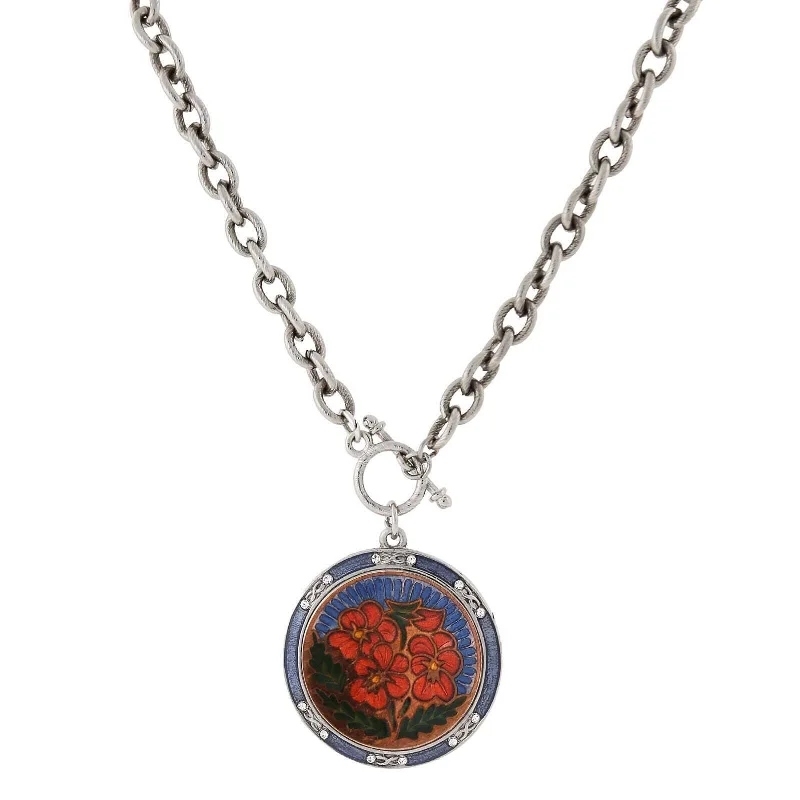 Love Heart Pendant Necklaces-1928 Jewelry Blue And Orange Floral Enamel Medallion Toggle Pendant Necklace 20"