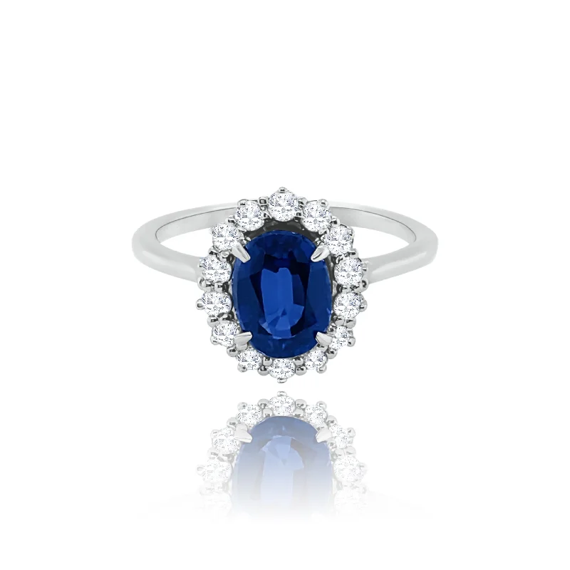 Wedding Bands with Birthstones-Oval cut sapphire & Brilliant cut Diamonds Classic Ring