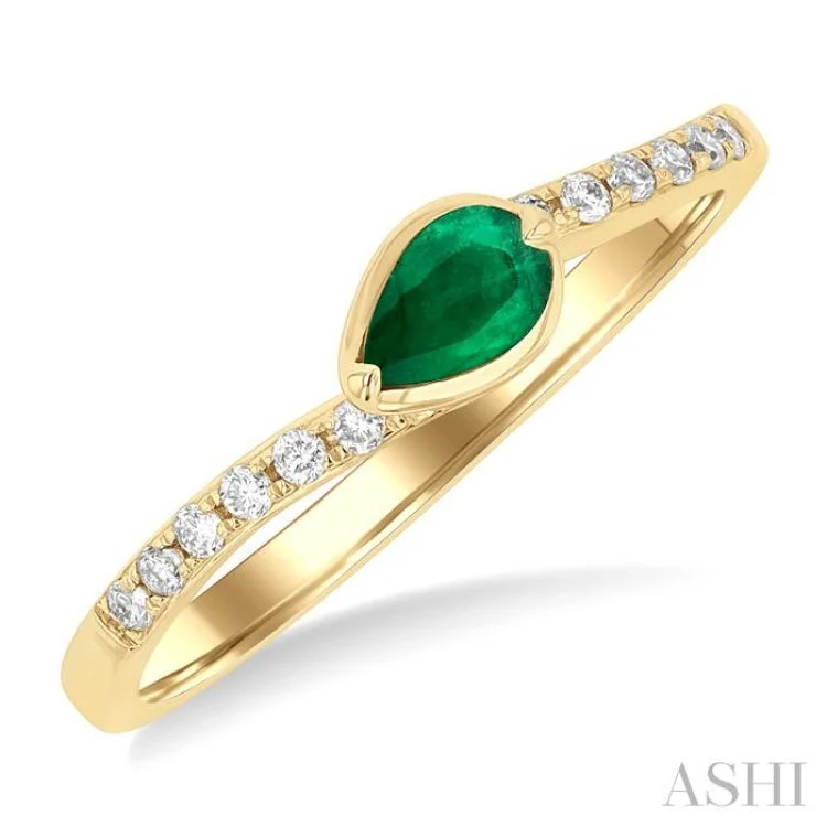 Affordable Promise Rings-5x3 MM Pear Cut Emerald and 1/10 ctw Round Cut Diamond East-West Set Precious Ring in 14K Yellow Gold