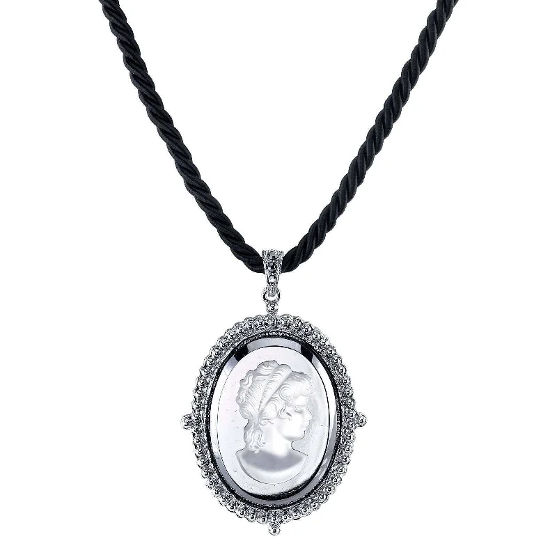 Elegant Gold Necklaces-1928 Jewelry Black Rayon Twisted Cord Hematite Frost Cameo Pendant Necklace 16" + 3" Extender