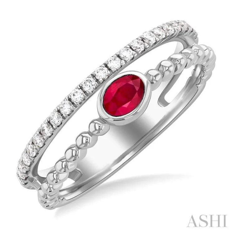 High-End Wedding Band Sets-4x3 MM Oval Shape Ruby and 1/5 ctw Single Cut Diamonds Precious Fashion Split Twin Ring in 10K White Gold