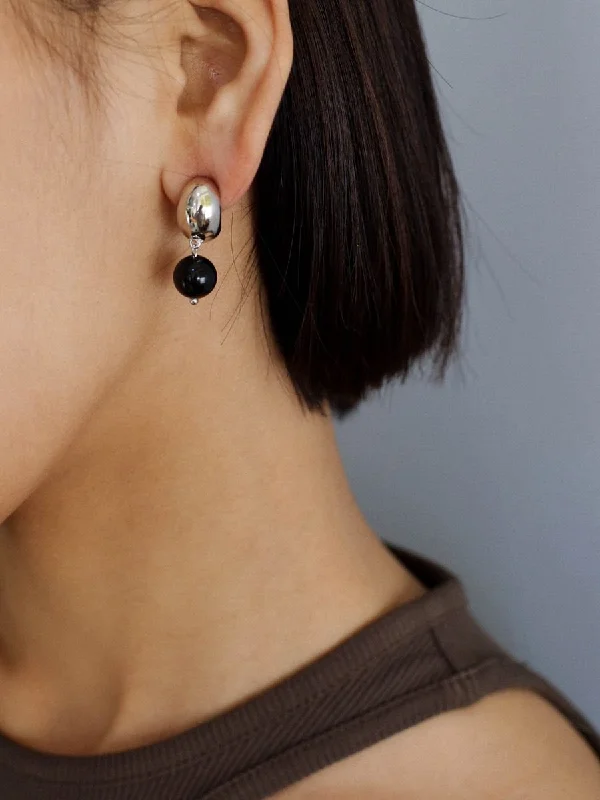 Artistic Silver Earrings-Black Agate Drop Huggie Earrings