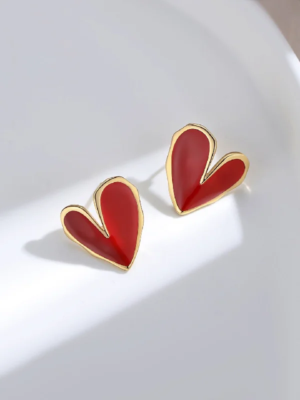 Trendy Dangle Earrings-Red Enamel Glaze Folded Love Hearts Stud Earrings