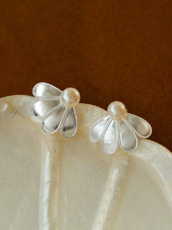 Custom Hoop Earrings-925 Silver Soma Flower Pearls Earrings