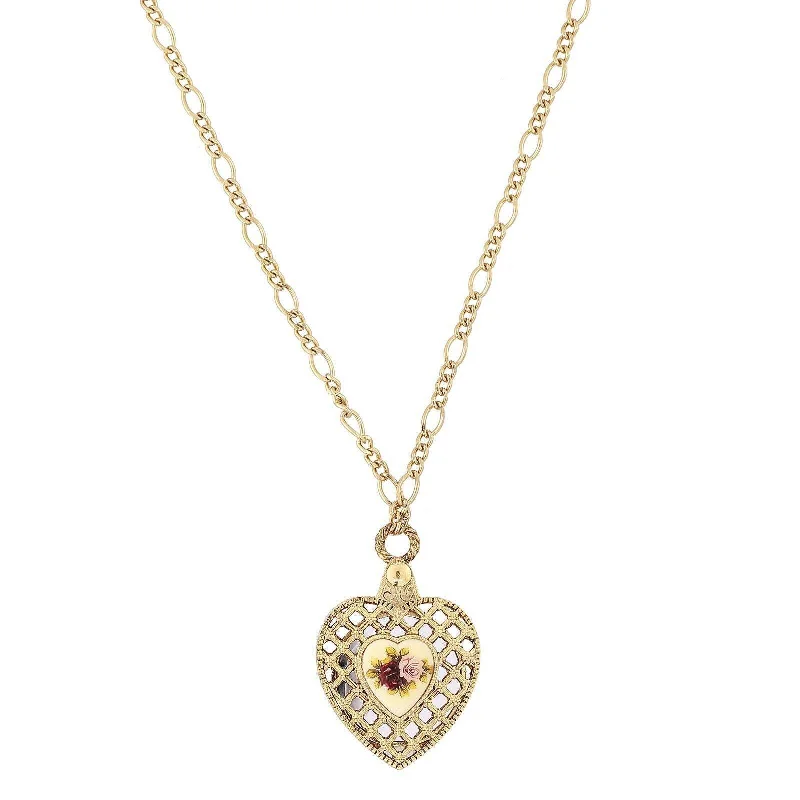 Wedding Bridal Necklaces-1928 Jewelry Manor House Pink & Purple Rose Heart Mirror Pendant Necklace 30"