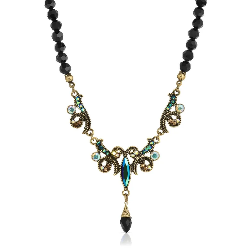 Luxury Gemstone Necklaces-1928 Jewelry Peacock Plumage Black Beaded Art Nouveau Style Multi AB Glass Stone Drop Pendant Necklace 16" + 3" Extender