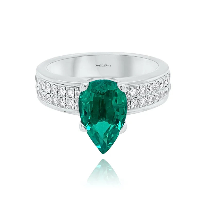 Designer Wedding Rings for Men-Pear shape Emerald & Diamonds "Kimberly" Ring