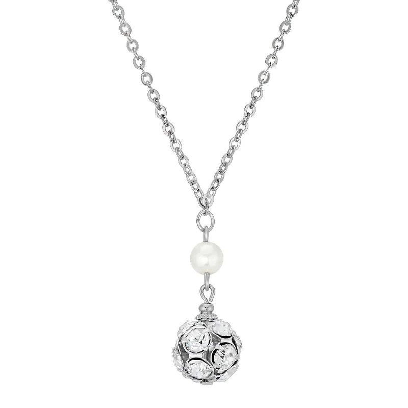 Custom Name Necklaces-1928 Jewelry White Faux Pearl And Crystal Fireball Drop Necklace 16" + 3" Extender