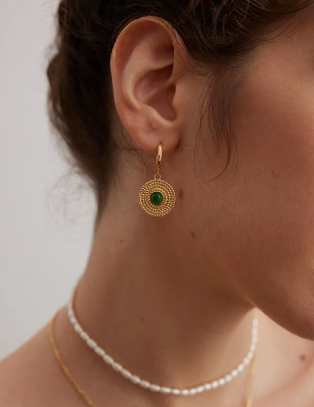 Gold Heart Earrings-Vintage Disc Chrysoprase Hoop Earrings