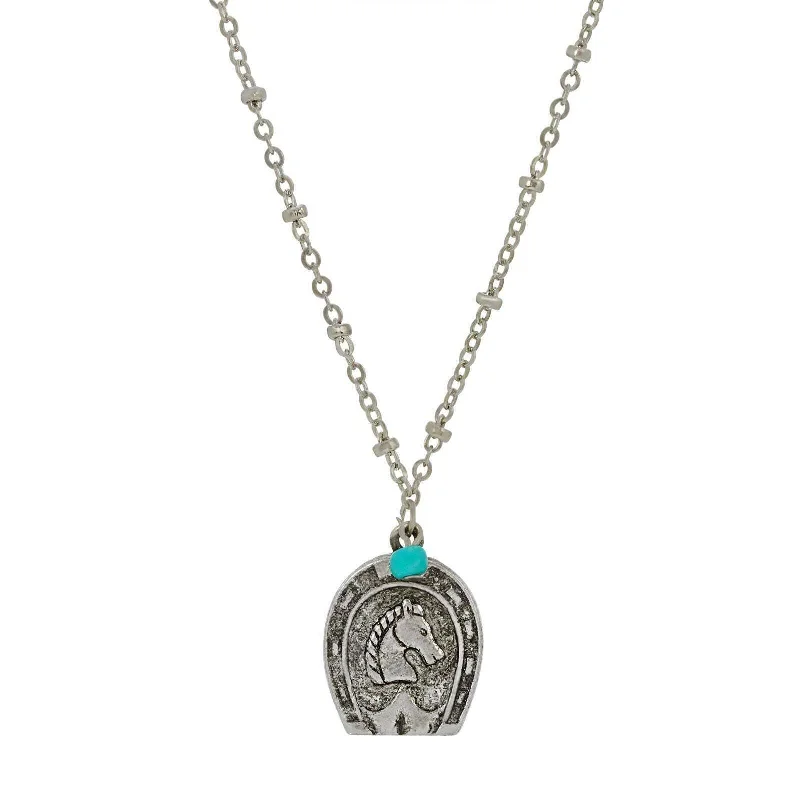 Gemstone Pendant Necklaces-1928 Jewelry Southwest Turquoise Bead Horseshoe & Horse Pendant Necklace 16" + 3" Extender