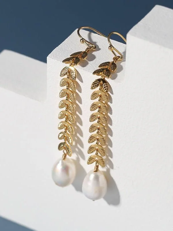 Bohemian Silver Earrings-Maple Leaf Pearl Drop Earrings