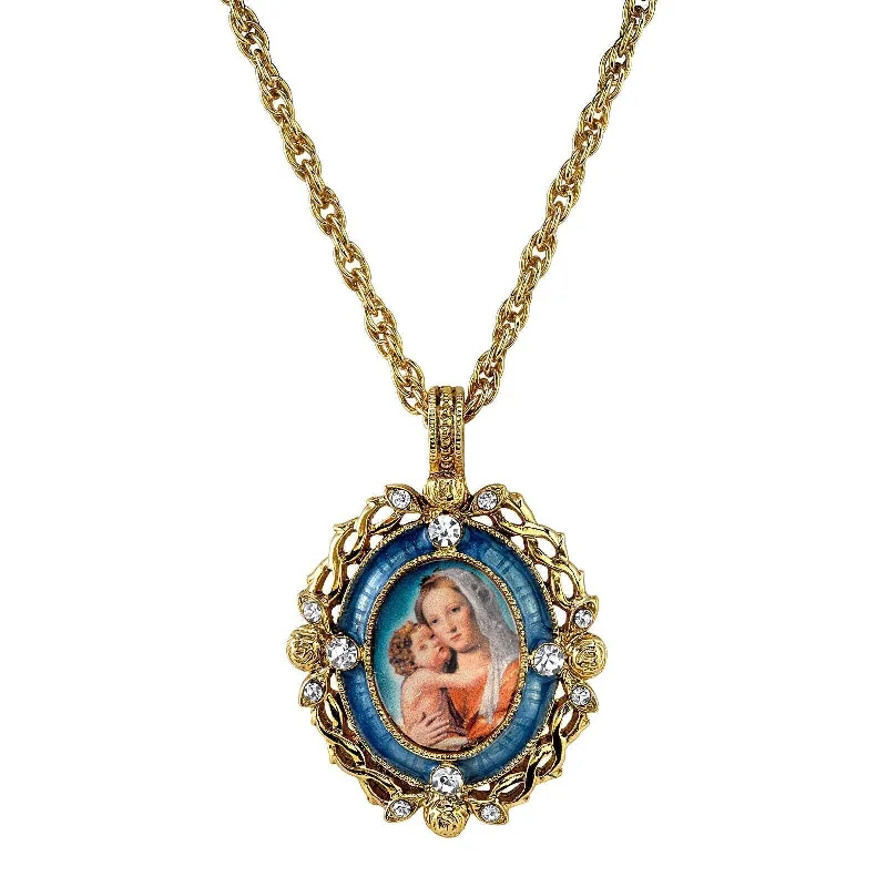 Trendy Necklaces-Symbols Of Faith Crystal Blue Enamel Mary And Child Pendant Necklace 24"