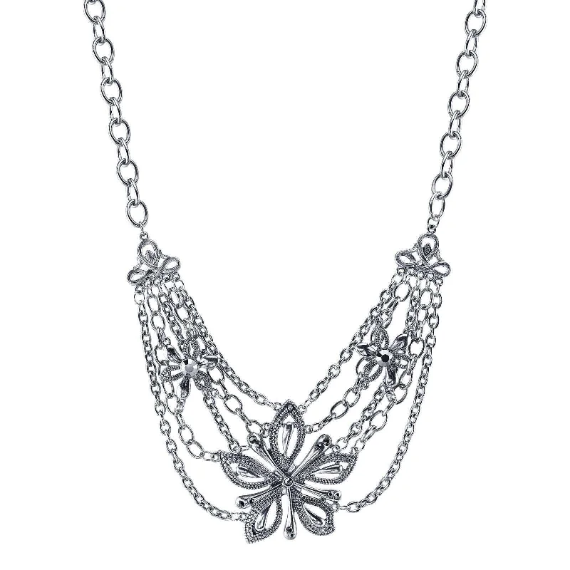 Luxury Pendant Necklaces-1928 Jewelry Hematite Glass Stone Crystal Flower Statement Necklace 16" + 3" Extender