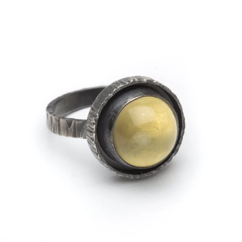 Matching Engagement Rings Sets for Couples-High Dome Lemon Quartz in Textured Silver