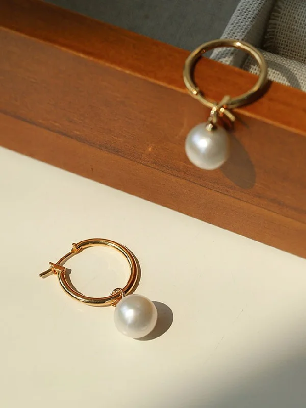 Classic Hoop Drop Earrings-Round Baroque Pearl Drop Hoop Earrings