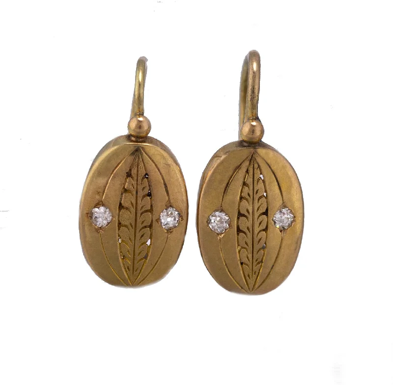 Modern Earrings-Ladies Antique Victorian 14K Yellow Gold 0.08ctw Diamond Etched Drop Earrings