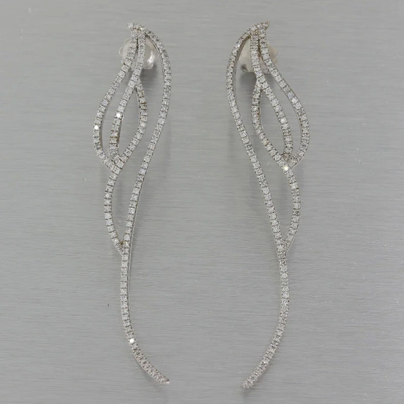 Modern Hoop Earrings-14k White Gold 1.25ctw Diamond Long Hanging Bridal Earrings