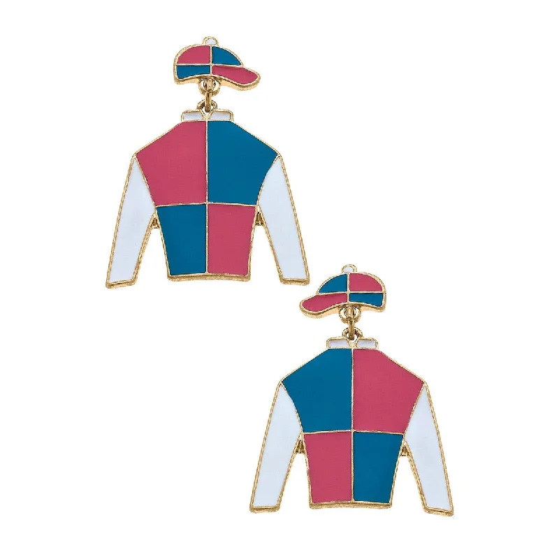 Trendy Pearl Earrings-Sir Barton Jockey Silk Enamel Drop Earrings in Fuchsia & Blu