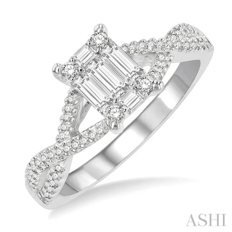 Two-Tone Engagement Bands-1/2 ctw Split Criss-Cross Shank Fusion Baguette and Round Cut Diamond Engagement Ring in 14K White Gold