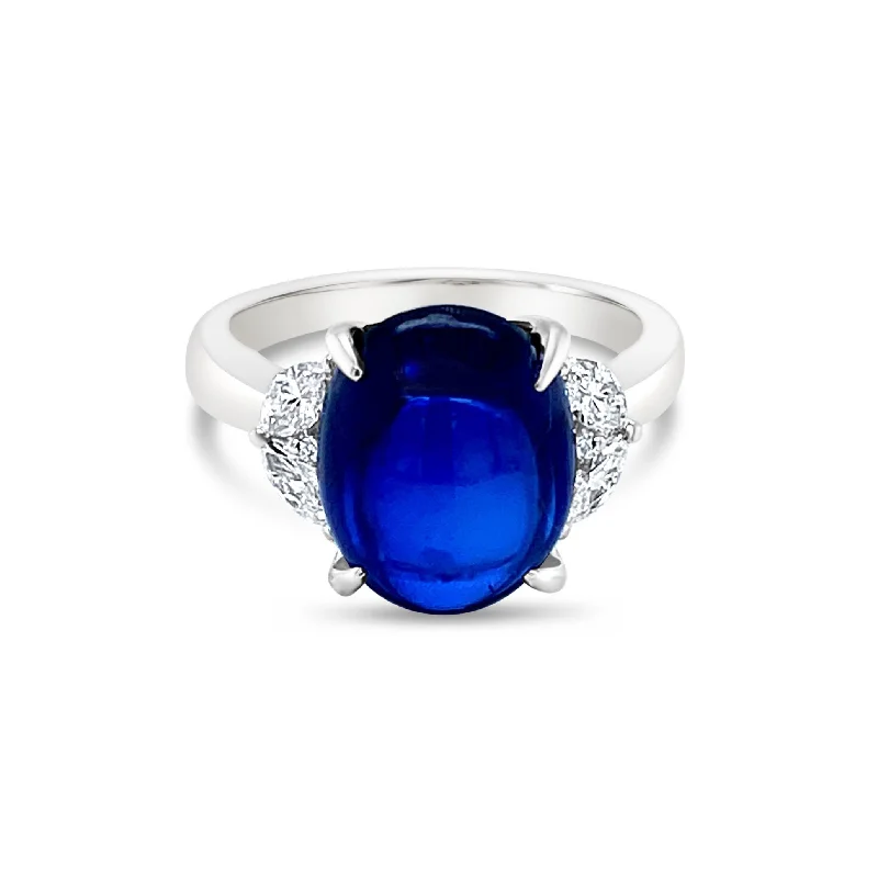 Bridal Rings with Birthstones-Cabochon Sapphire & Half Moon Style Invisible set Diamonds Ring