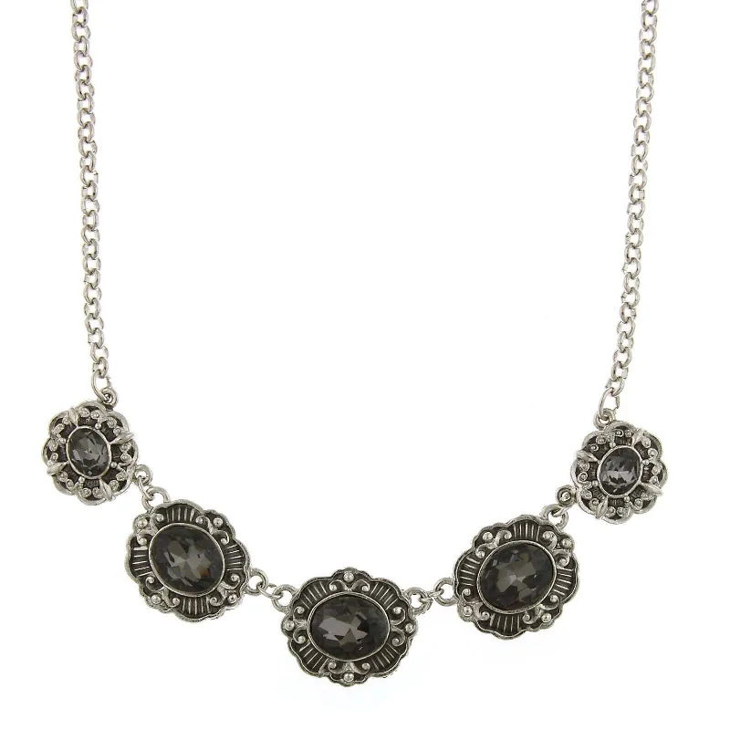 Pearl Necklaces-1928 Jewelry Black Diamond Crystal Oval Station Pendant Necklace 16" + 3" Extender