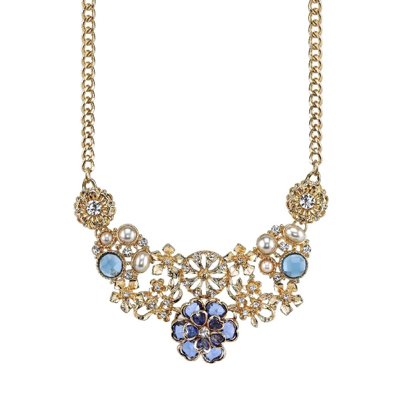 Elegant Necklaces-2028 Jewelry Blue With Clear Crystal And Faux Pearl Flower Bib Necklace 16" + 3" Extender