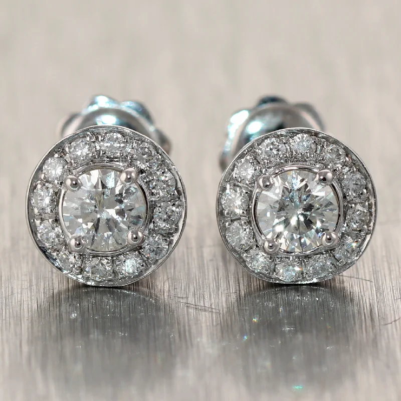 Custom Silver Earrings-Modern 14k White Gold 1.30ctw Halo Diamond Stud Earrings