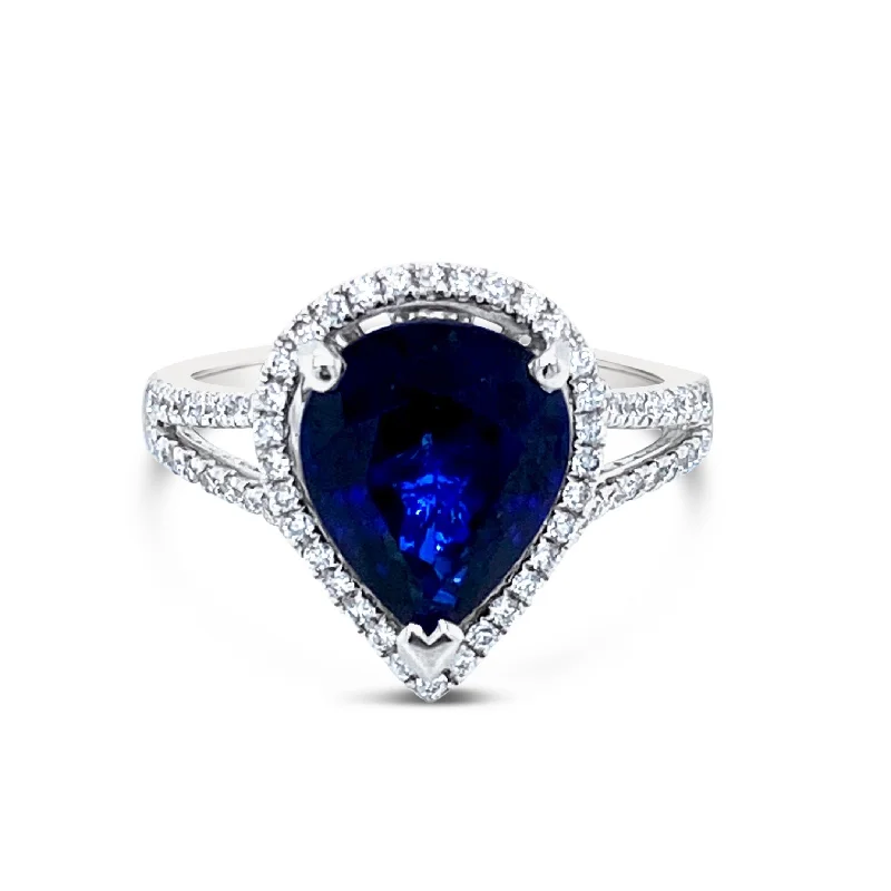 Engagement Rings with Custom Settings-Halo set  Split Sided Pear shape Sapphire & Diamonds"Margo" Ring