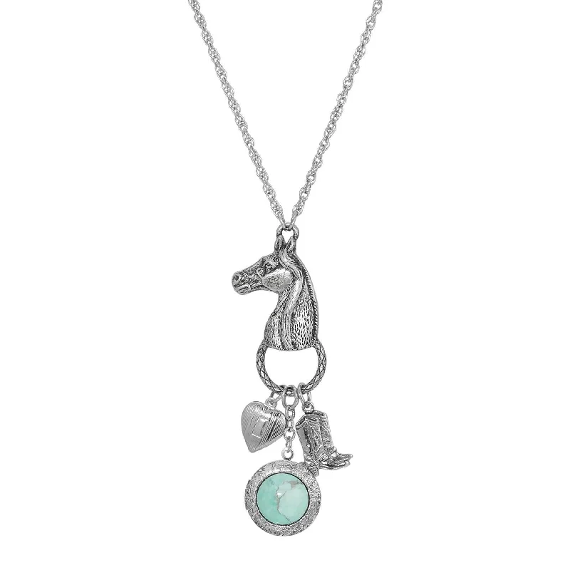 Stainless Steel Necklaces-1928 Jewelry Southwest Horse Head Turquoise Locket & Charms Necklace 28"