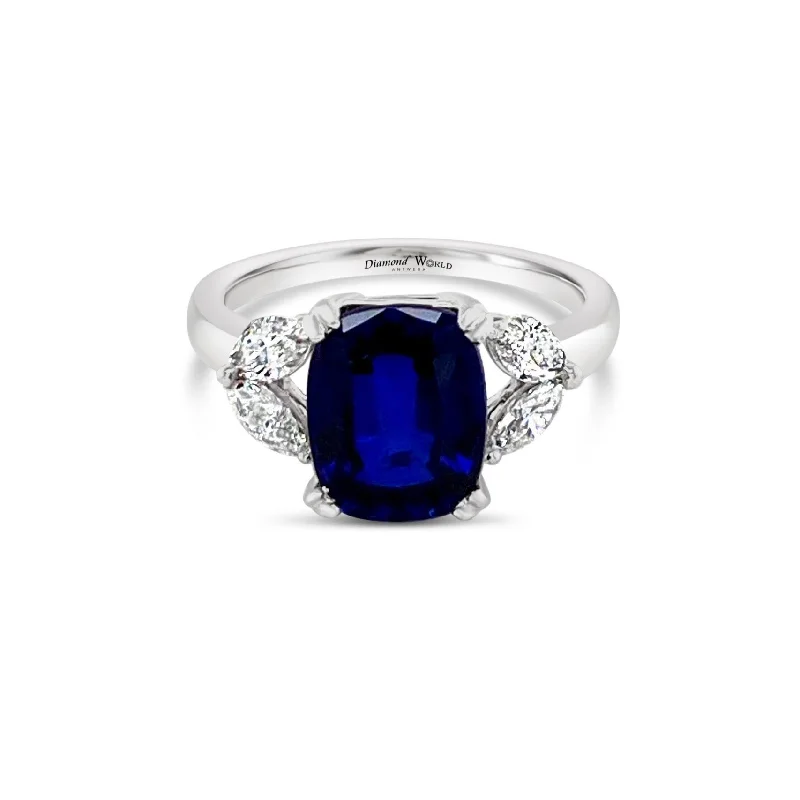 Men’s Engagement Rings with Gemstones-Cushion cut Sapphire & Marquise cut Diamonds "Felicity" Ring