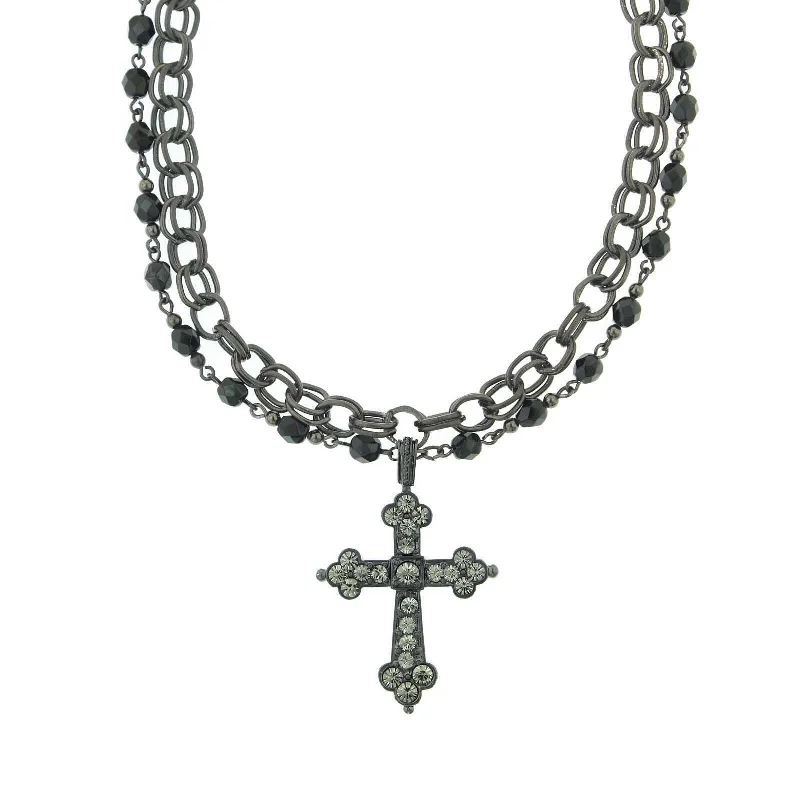 Pendant Necklaces-1928 Jewelry Jet Black Diamond Crystal Cross Chain Necklace 16" + 3" Extender