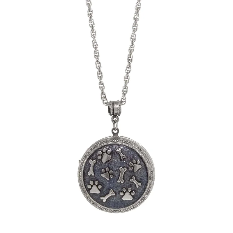 Inspirational Necklaces-1928 Jewelry Blue Enamel Round Paws And Bones Locket Necklace 28"