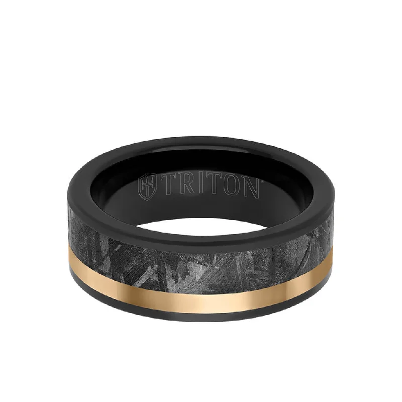 Customizable Engagement Ring Settings-8MM Tungsten Carbide Ring - Meteorite Inlay with Asymetrical Channel and Flat Edge