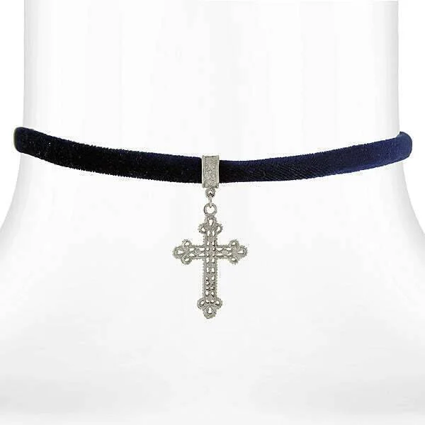 Custom Engraved Necklaces-Symbols Of Faith Filigree Cross Pendant Necklace On Black Velvet Ribbon 12" + 5" Extender