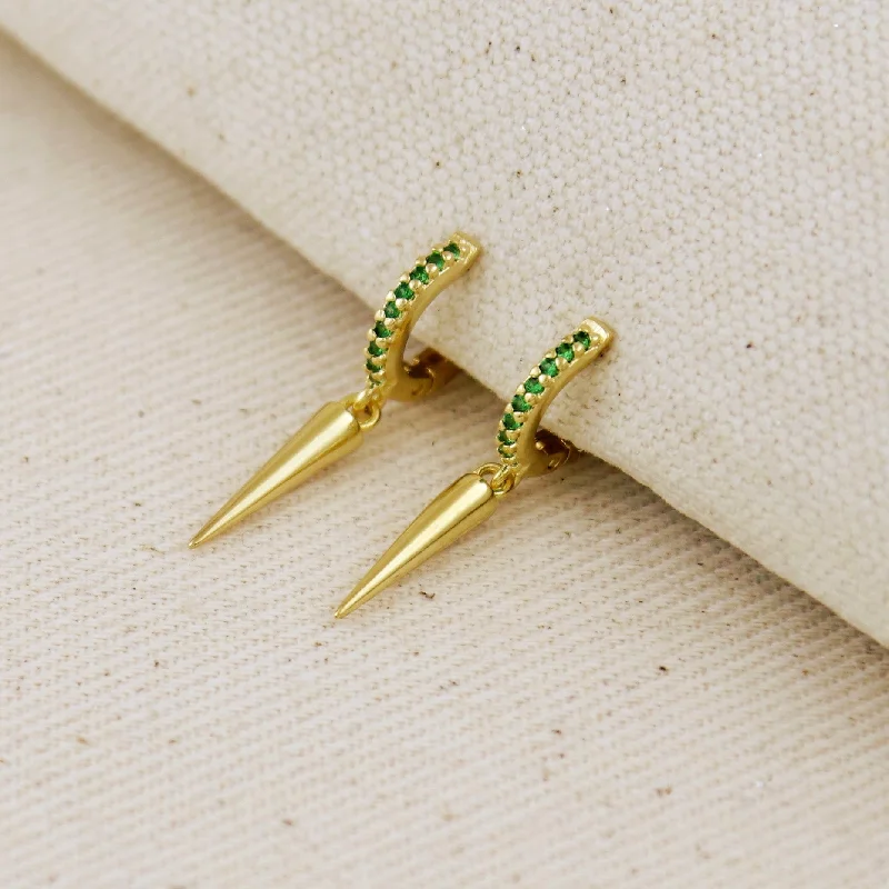 Handmade Pearl Earrings-Emerald CZ Hoop Earrings With Spike Drop