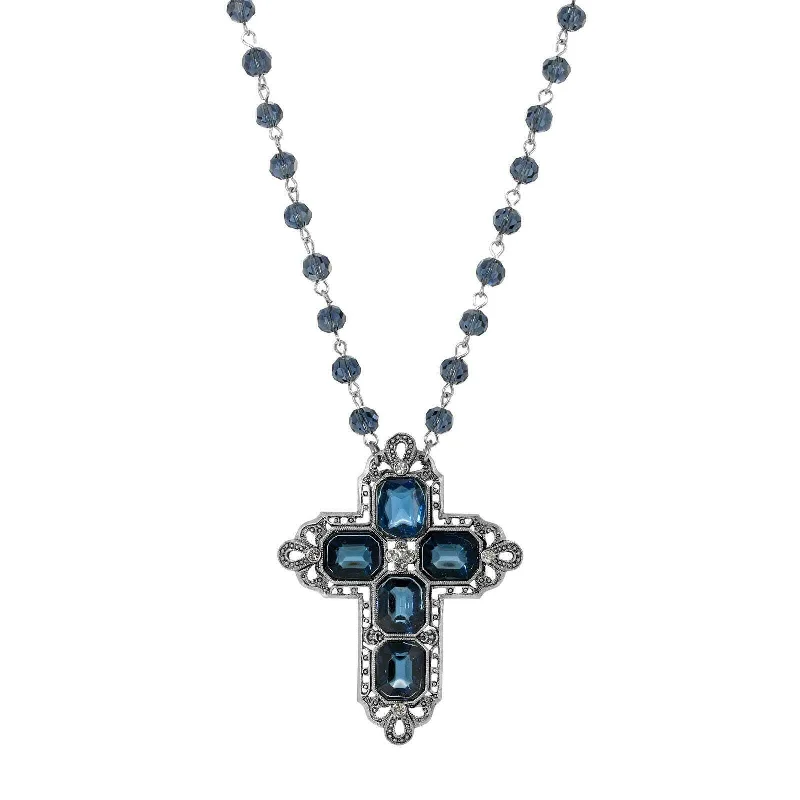 Heart Necklaces-1928 Jewelry Antiqued Pewter Octagon Dark Blue German Glass Stones And Beaded Cross Necklace 16" + 3" Extender