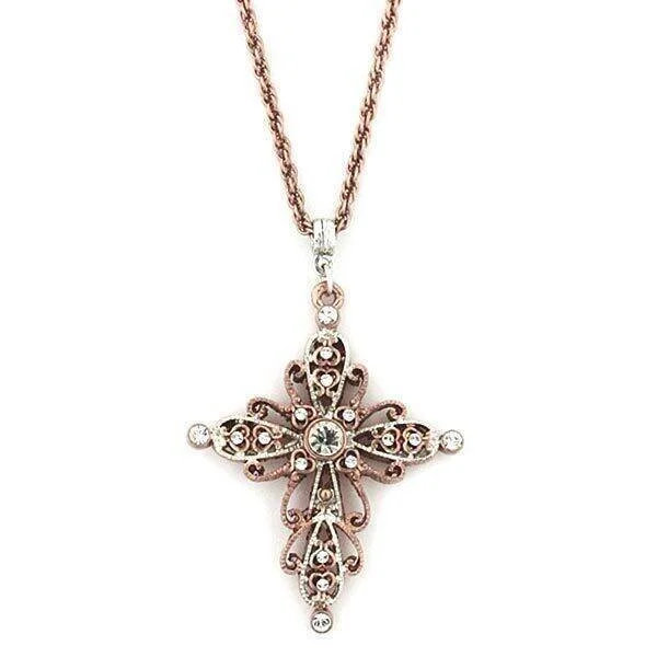 Modern Necklaces-1928 Jewelry Filigree Rose Gold Tone Crystal Cross Pendant Necklace 30"