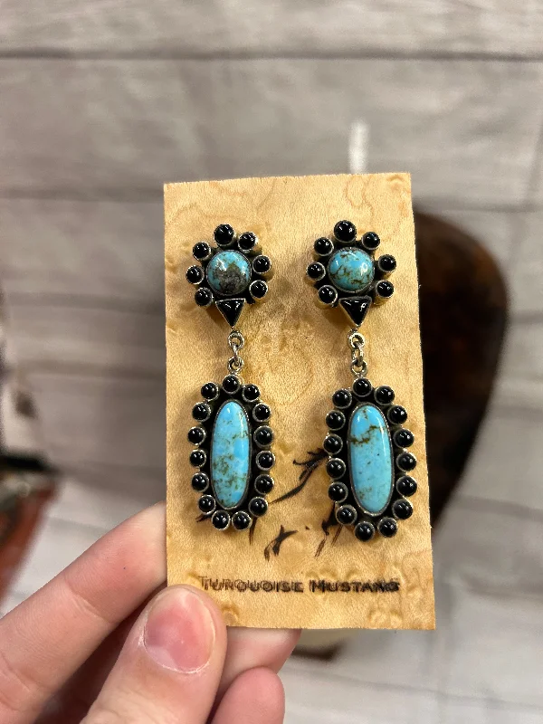 Large Gold Hoop Earrings-Genuine Black Onyx and Turquoise Dangle Earrings